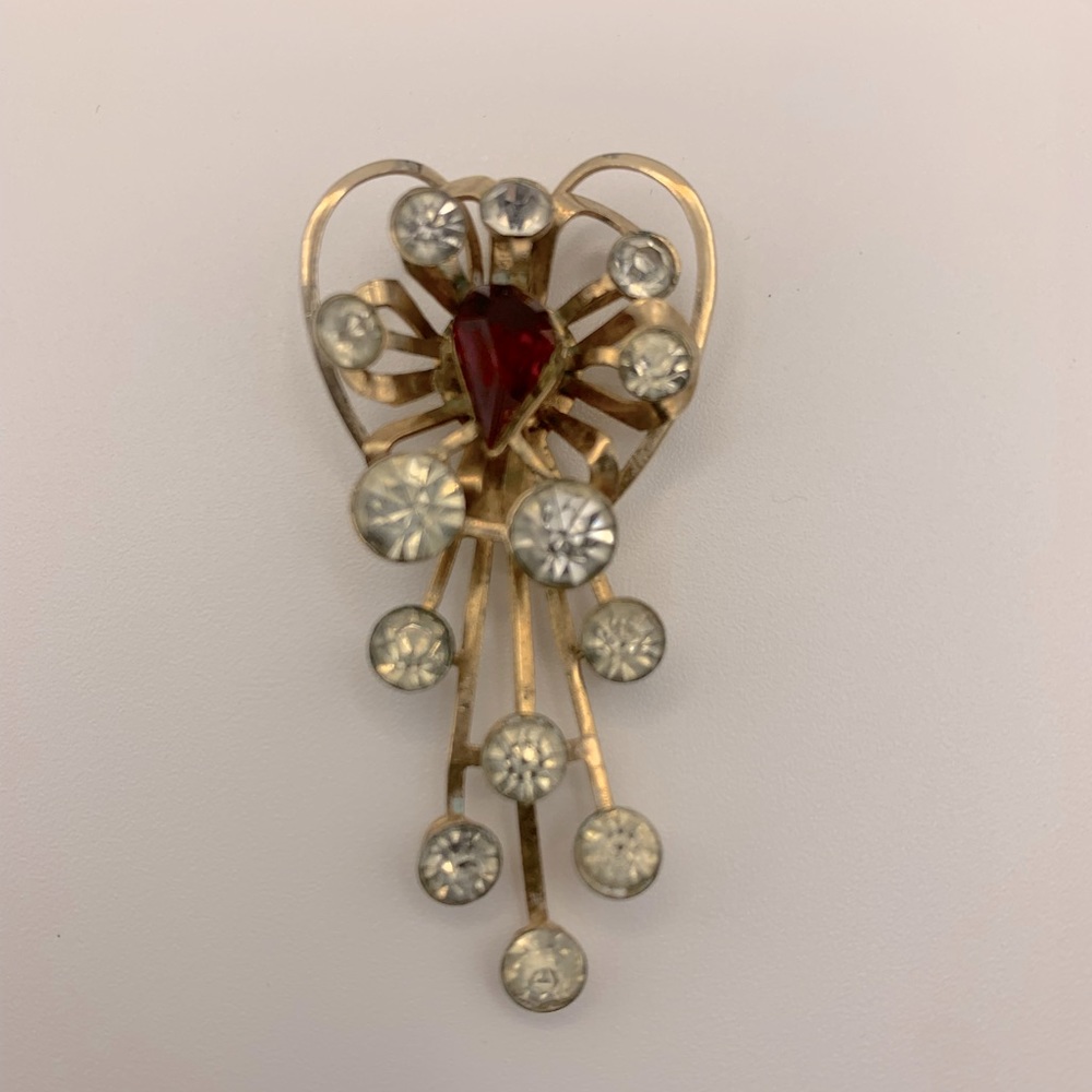 Vintage Pendant Center Red Rhinestone with clear Rhinestones..Goldtone